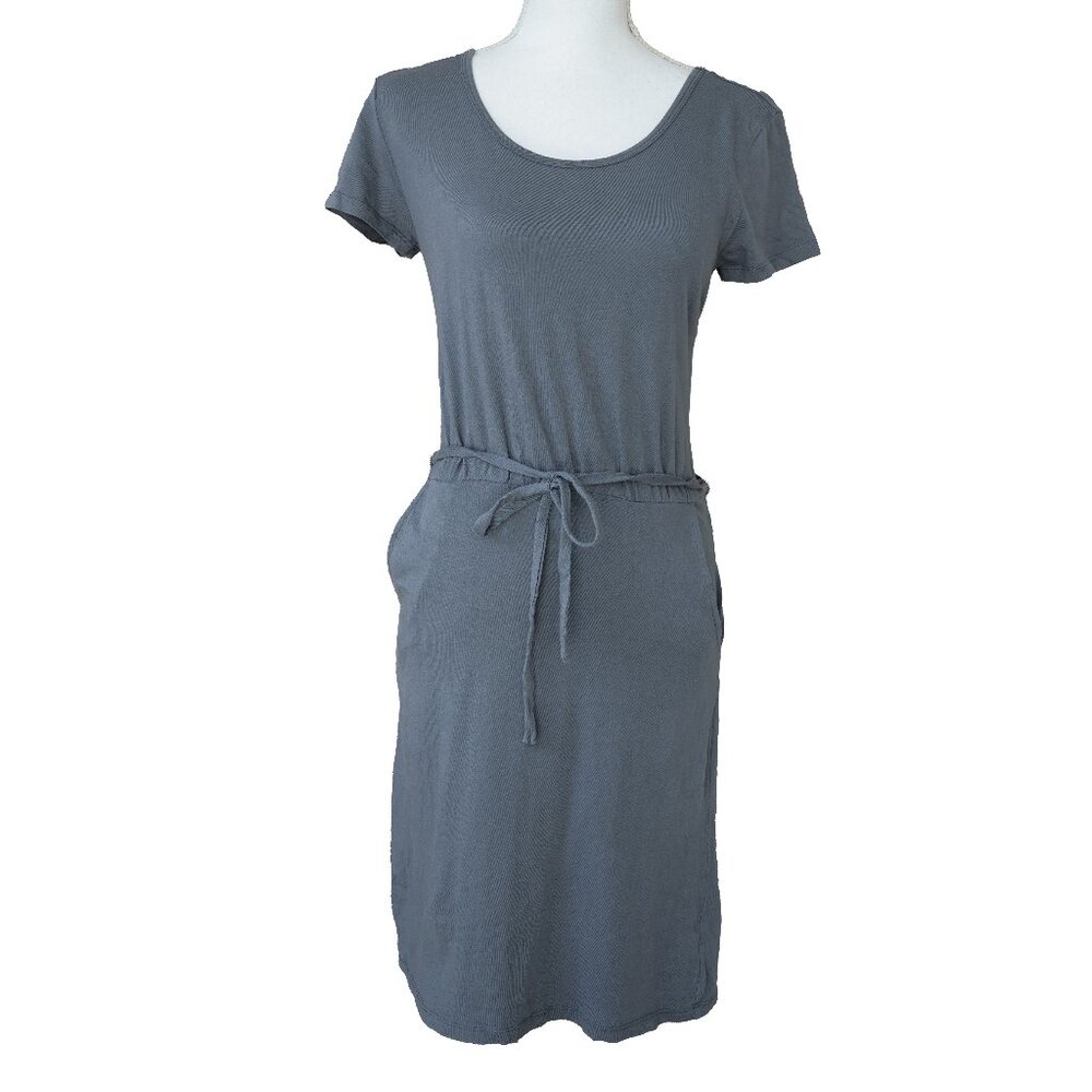 Pact Blue Cotton Knit Dress Coastal Style Organic Minimalist Midi Dress